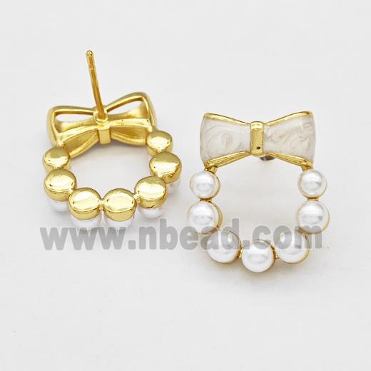 Copper Bow Stud Earrings Pave Pearlized Resin White Painted Gold Plated