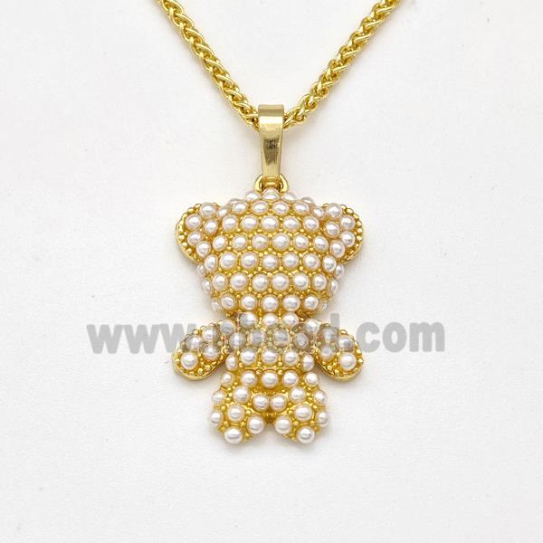 Copper Bear Necklace Pave Pearlized Resin Gold Plated
