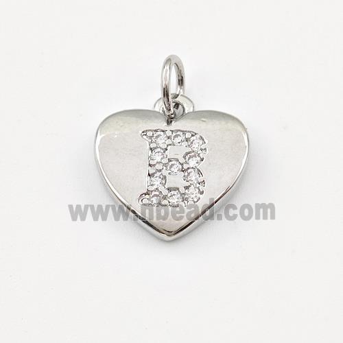 Copper Heart Pendant Pave Zirconia Letter-B Platinum Plated