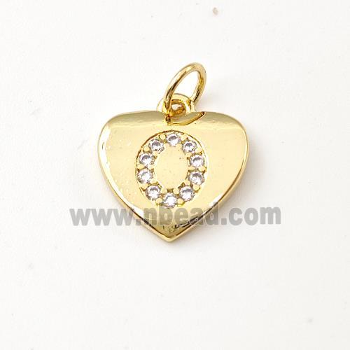 Copper Heart Pendant Pave Zirconia Letter-O Gold Plated