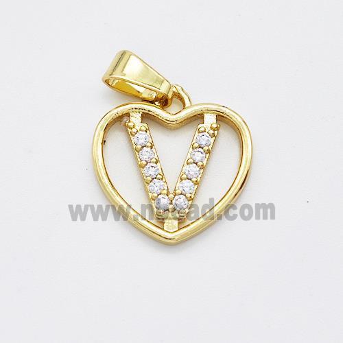 Copper Heart Pendant Pave Zirconia Letter-V Gold Plated