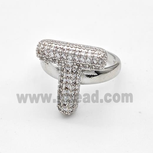 Copper Ring Pave Zirconia Letter-T Platinum Plated