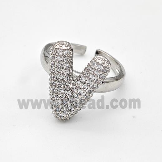 Copper Ring Pave Zirconia Letter-V Platinum Plated