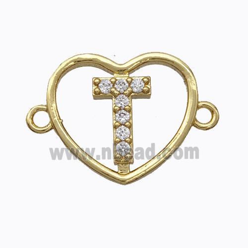 Copper Heart Connector Pave Zirconia Letter-T Gold Plated