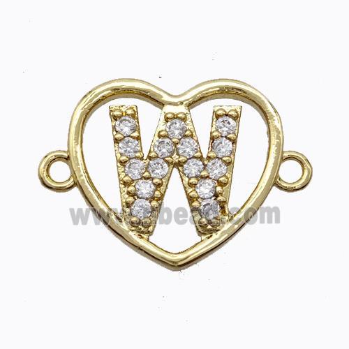 Copper Heart Connector Pave Zirconia Letter-W Gold Plated