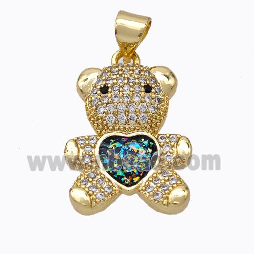 Copper Bear Pendant Micropave Zirconia Multicolor Fire Opal Heart 18K Gold Plated