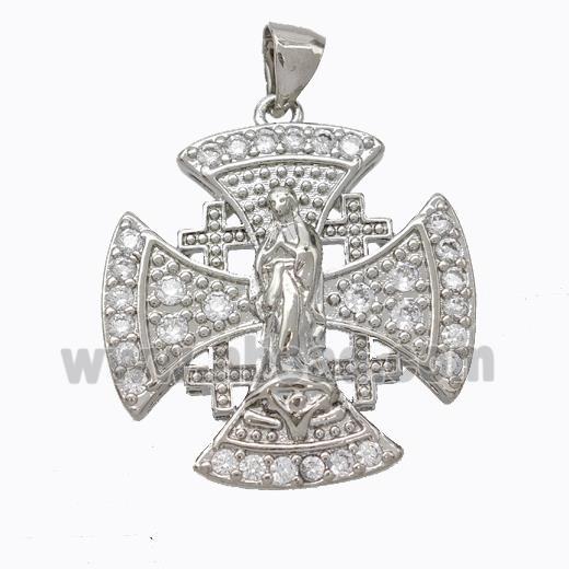 Copper Cross Pendant Pave Zirconia Virgin Mary Platinum Plated