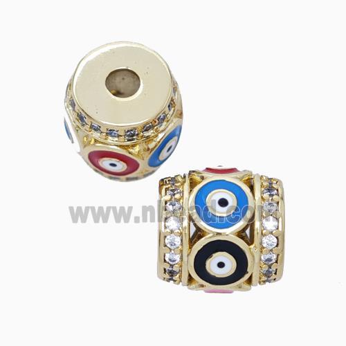 Copper Barrel Beads Pave Zirconia Multicolor Enamel Evil Eye Large Hole Gold Plated