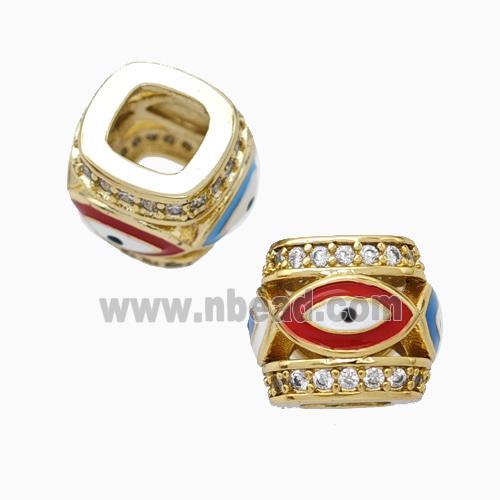 Copper Barrel Beads Pave Zirconia Multicolor Enamel Eye Large Hole Gold Plated