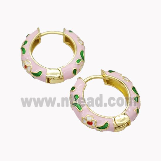 Copper Hoop Earrings Pink Enamel Flower Gold Plated