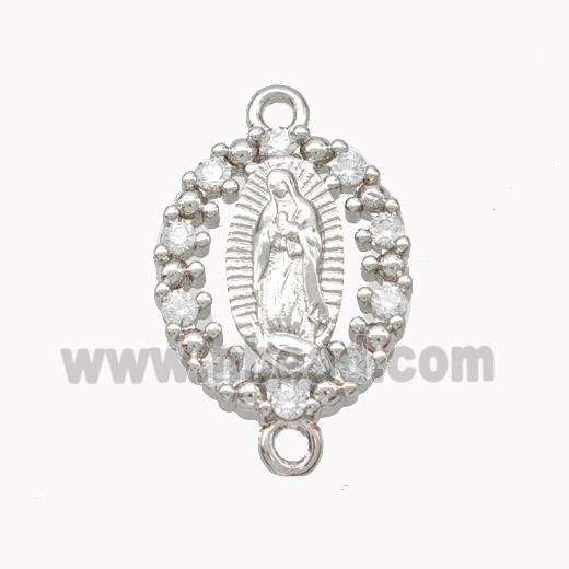Virgin Mary Charms Copper Oval Connector Pave Zirconia Platinum Plated