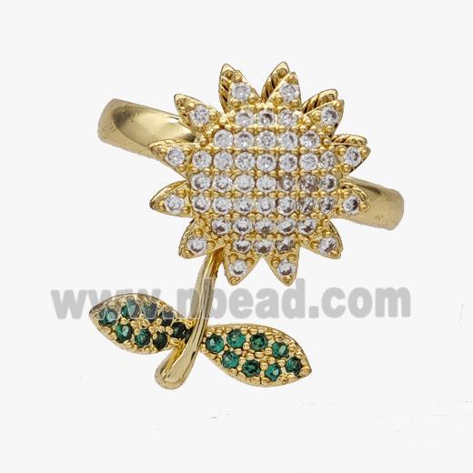 Copper Sunflower Rings Pave Zirconia Rotatable Adjustable Gold Plated