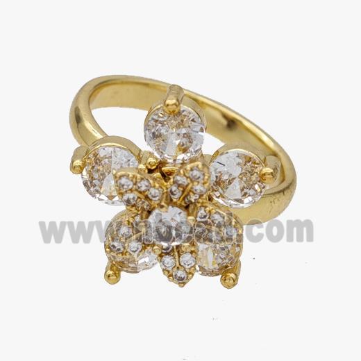 Copper Flower Rings Pave Zirconia Rotatable Adjustable Gold Plated