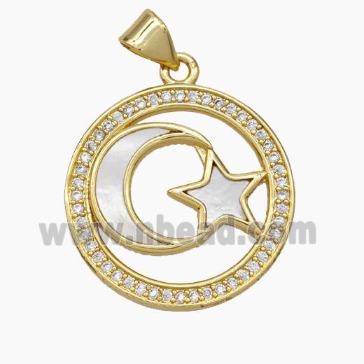 Copper Moon Star Pendant Micropave Zirconia Shell 18K Gold Plated