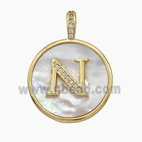 Copper Letter-N Pendant Pave Shell Zirconia Circle Gold Plated