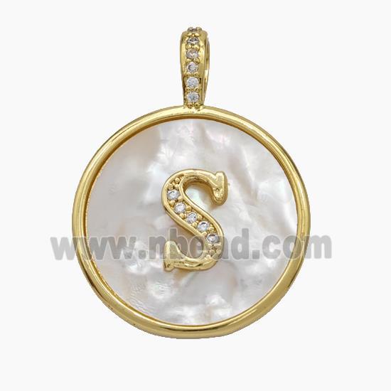 Copper Letter-S Pendant Pave Shell Zirconia Circle Gold Plated