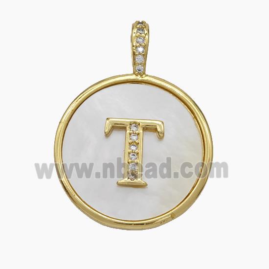 Copper Letter-T Pendant Pave Shell Zirconia Circle Gold Plated