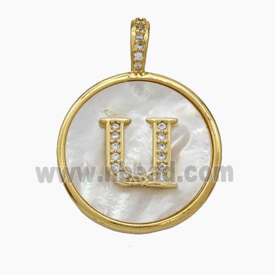 Copper Letter-U Pendant Pave Shell Zirconia Circle Gold Plated