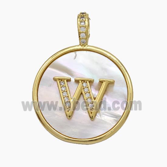 Copper Letter-W Pendant Pave Shell Zirconia Circle Gold Plated