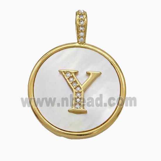 Copper Letter-Y Pendant Pave Shell Zirconia Circle Gold Plated