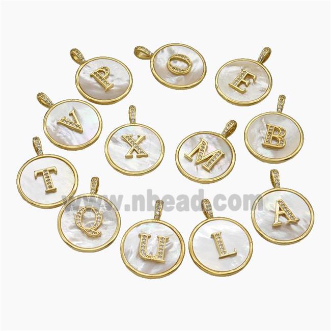 Copper Letter Pendant Pave Shell Zirconia Mix Alphabet Circle Gold Plated
