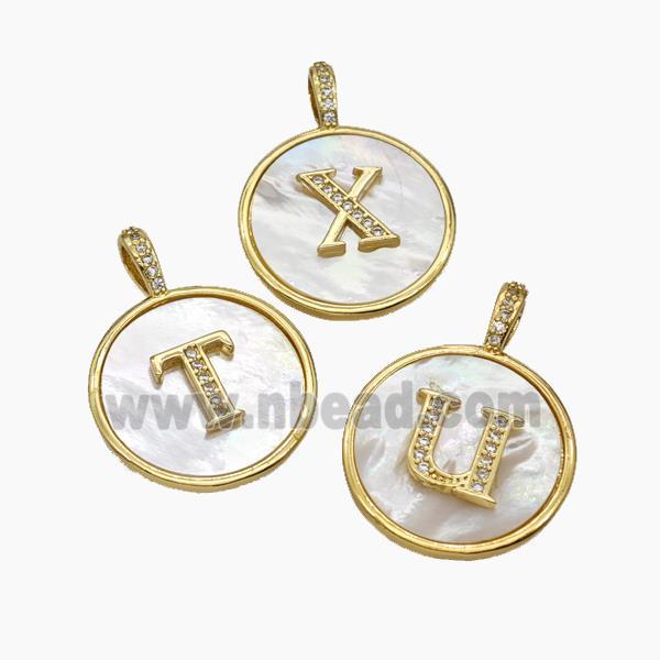 Copper Letter Pendant Pave Shell Zirconia Mix Alphabet Circle Gold Plated