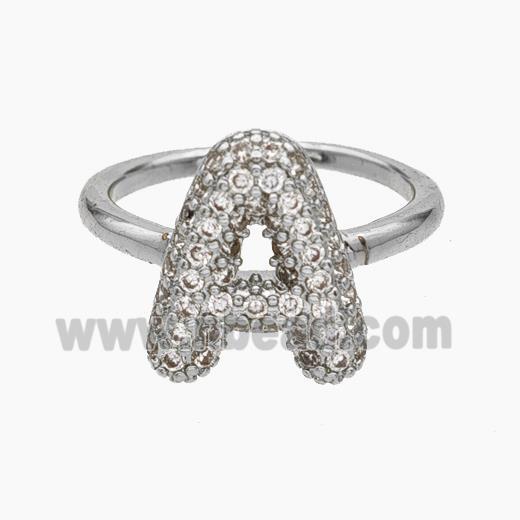 Copper Letter-A Rings Micropave Zirconia Platinum Plated