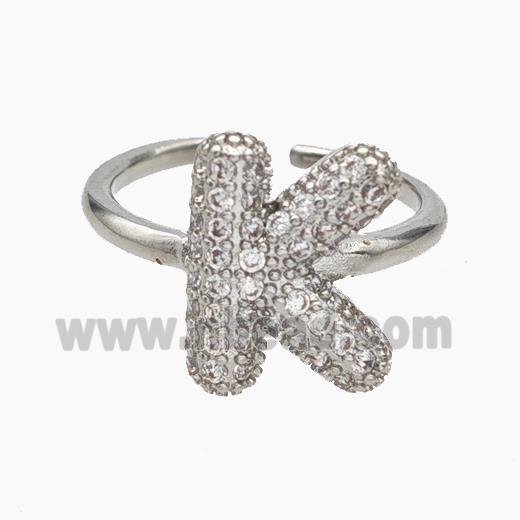 Copper Letter-K Rings Micropave Zirconia Platinum Plated