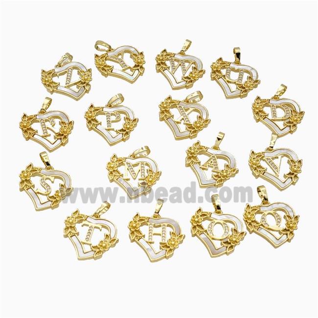 Copper Heart Pendant Pave Shell Zirconia Letter Flower 18K Gold Plated Mix