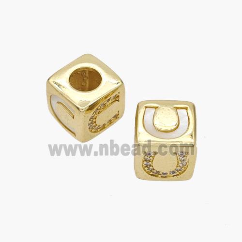 Copper Cube Beads Pave Shell Zirconia Horseshoe Large Hole 18K Gold Plated