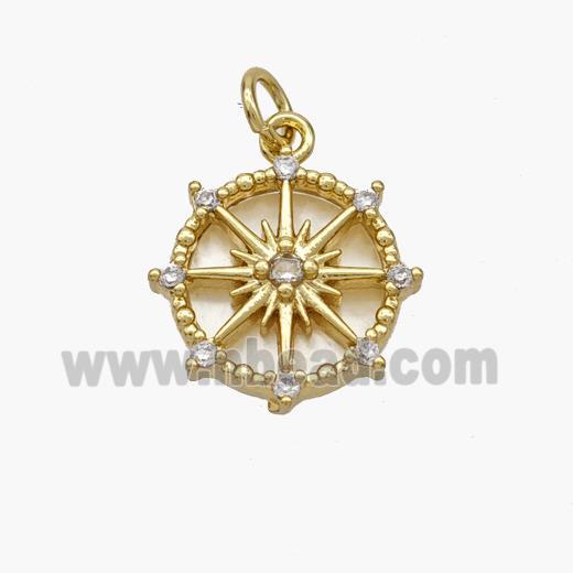 Copper Compass Pendant Pave Shell Gold Plated
