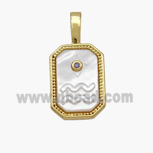 Copper Rectangle Pendant Pave Shell Zodiac Aquarius 18K Gold Plated