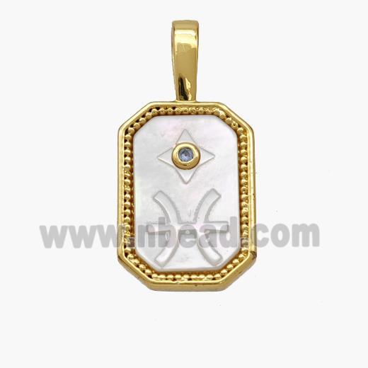 Copper Rectangle Pendant Pave Shell Zodiac Pisces 18K Gold Plated