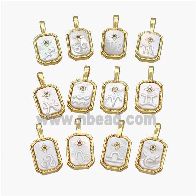 Copper Rectangle Pendant Pave Shell Zodiac 18K Gold Plated Mixed