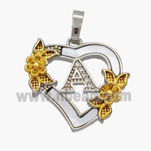 Copper Heart Pendant Pave Shell Zirconia Letter-A Platinum Plated 18K Gold Flower