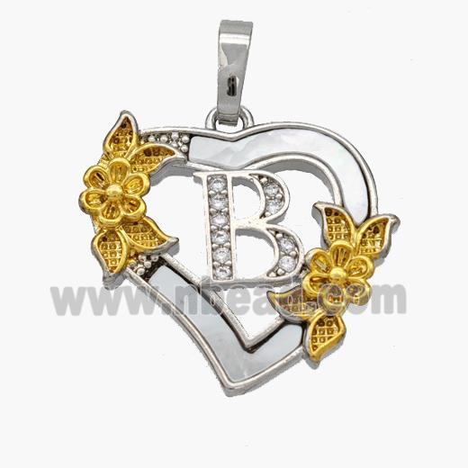 Copper Heart Pendant Pave Shell Zirconia Letter-B Platinum Plated 18K Gold Flower