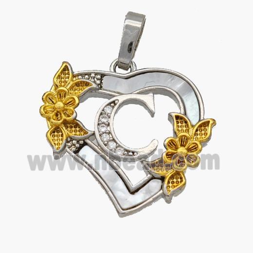 Copper Heart Pendant Pave Shell Zirconia Letter-C Platinum Plated 18K Gold Flower