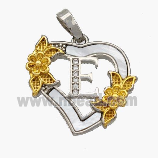 Copper Heart Pendant Pave Shell Zirconia Letter-E Platinum Plated 18K Gold Flower