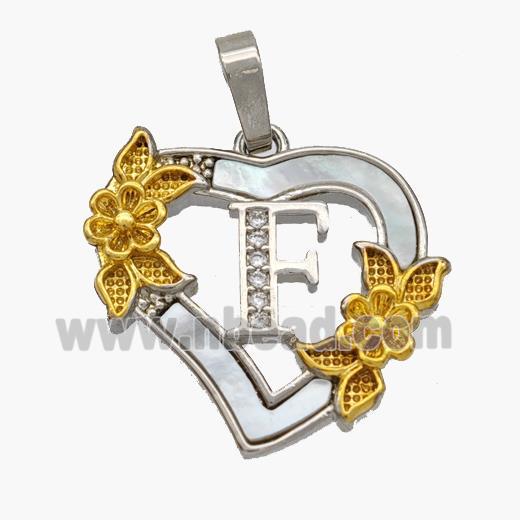 Copper Heart Pendant Pave Shell Zirconia Letter-F Platinum Plated 18K Gold Flower