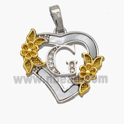 Copper Heart Pendant Pave Shell Zirconia Letter-G Platinum Plated 18K Gold Flower