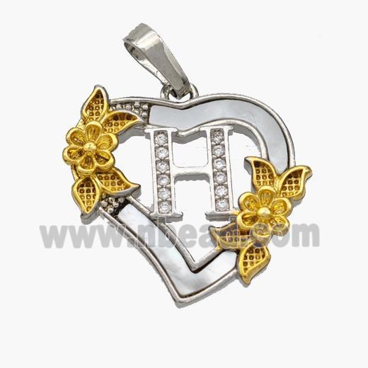 Copper Heart Pendant Pave Shell Zirconia Letter-H Platinum Plated 18K Gold Flower