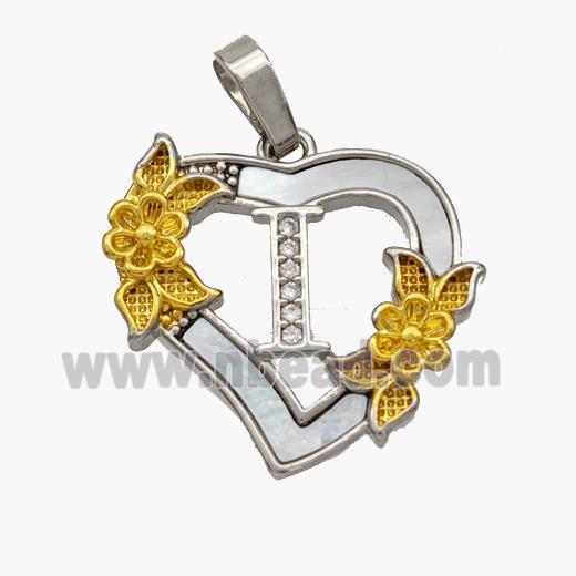 Copper Heart Pendant Pave Shell Zirconia Letter-I Platinum Plated 18K Gold Flower