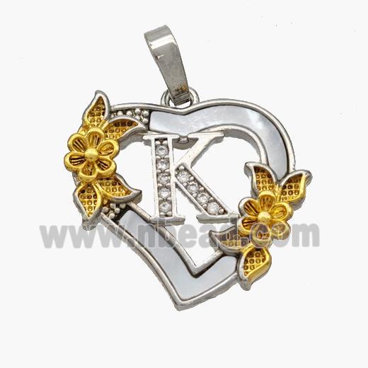 Copper Heart Pendant Pave Shell Zirconia Letter-K Platinum Plated 18K Gold Flower