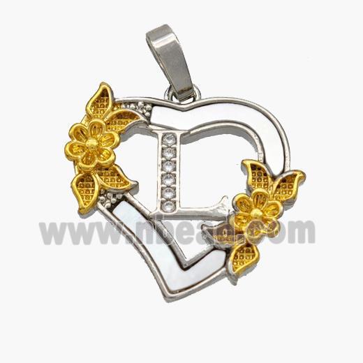 Copper Heart Pendant Pave Shell Zirconia Letter-L Platinum Plated 18K Gold Flower