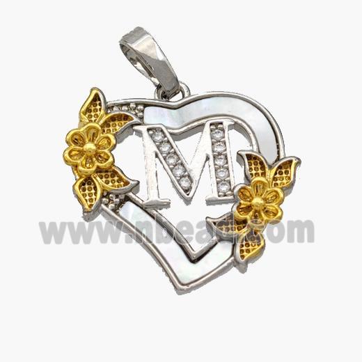 Copper Heart Pendant Pave Shell Zirconia Letter-M Platinum Plated 18K Gold Flower
