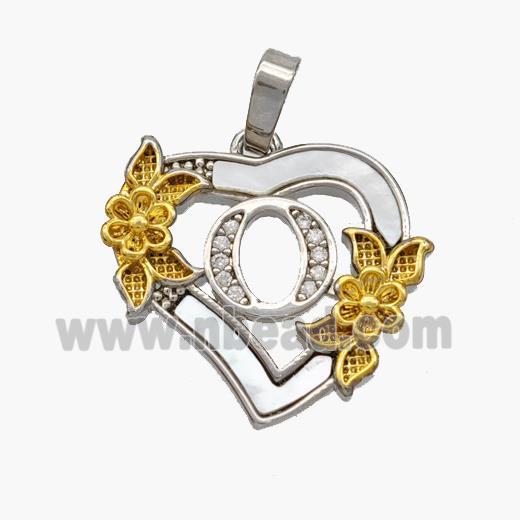Copper Heart Pendant Pave Shell Zirconia Letter-O Platinum Plated 18K Gold Flower