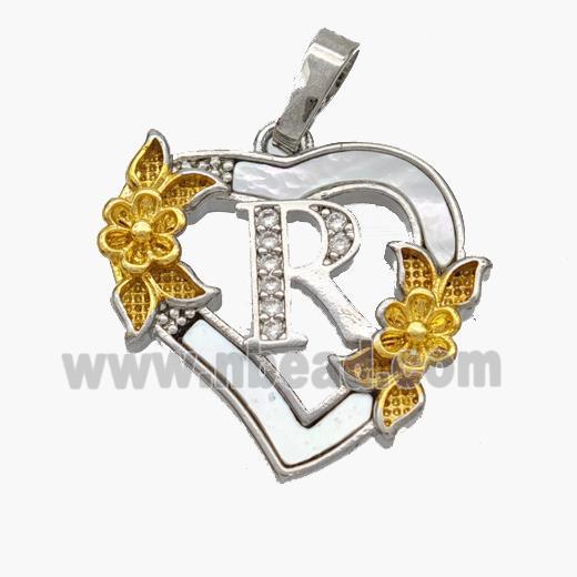 Copper Heart Pendant Pave Shell Zirconia Letter-R Platinum Plated 18K Gold Flower