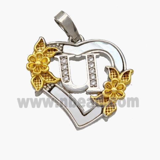 Copper Heart Pendant Pave Shell Zirconia Letter-U Platinum Plated 18K Gold Flower