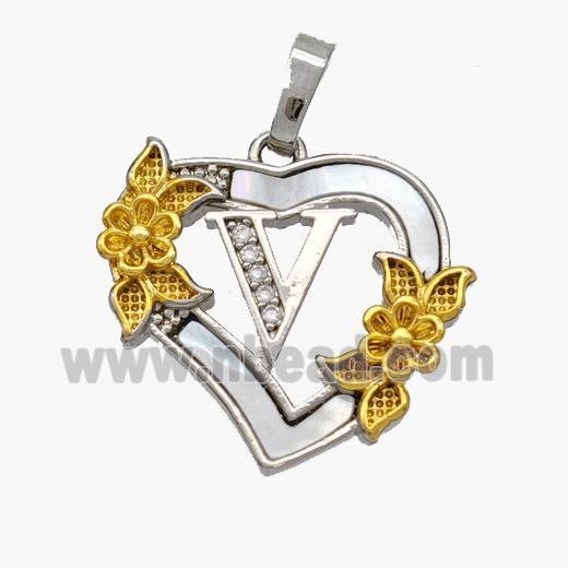 Copper Heart Pendant Pave Shell Zirconia Letter-V Platinum Plated 18K Gold Flower