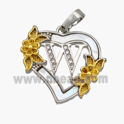 Copper Heart Pendant Pave Shell Zirconia Letter-W Platinum Plated 18K Gold Flower